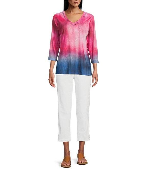 Allison Daley Ombre Beauty Print 3/4 Sleeve V-Neck Slub Jersey Knit Top Product Image