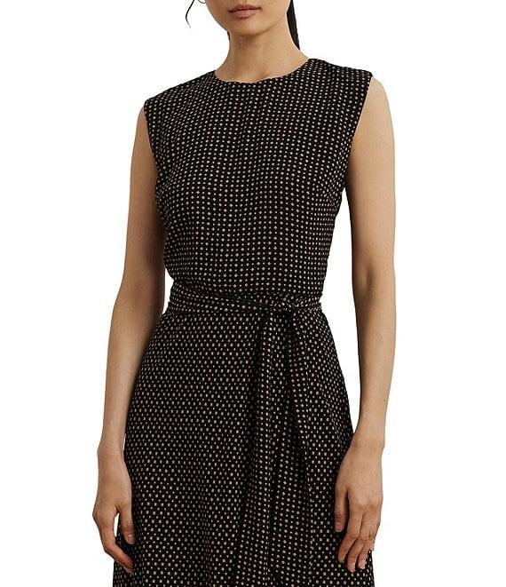 Lauren Ralph Lauren Petite Size Geometric Crepe Crew Neck Cap Sleeves Belted A-Line Dress Product Image