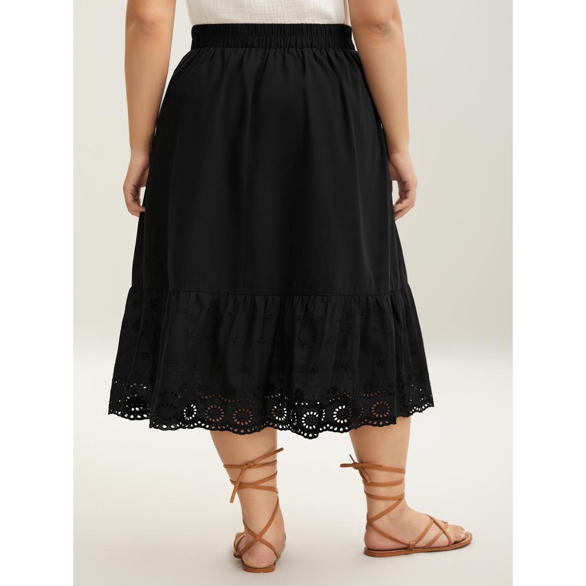 Plus Size Cotton Embroidered Lace Tiered Hem Skirt Women Black Elegant Gathered Bodycon Low stretch Slanted pocket Everyday-Elegant Skirts BloomChic 22-24/3X Product Image