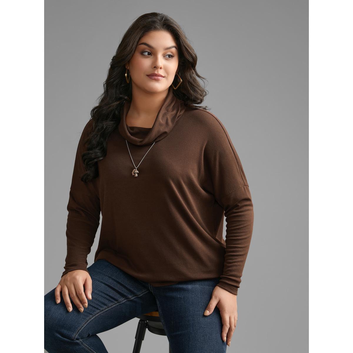 Plus Size Turtleneck Dolman Sleeve Split Hem T-shirt Browncoffeecolor Women Leisure Slit Ruffled collar Loose Casual T-shirts BloomChic 30/6X Product Image