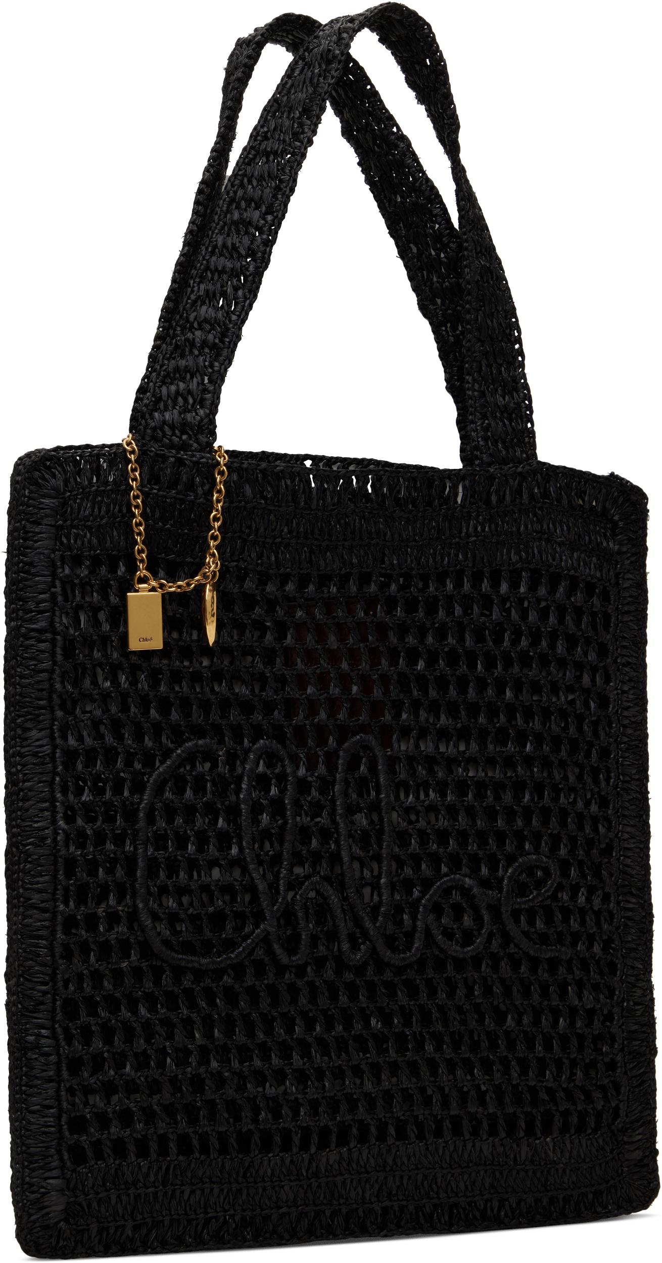 CHLOÉ Summer Banana Embellished Crocheted Embroidered Faux Raffia Tote In Black Product Image