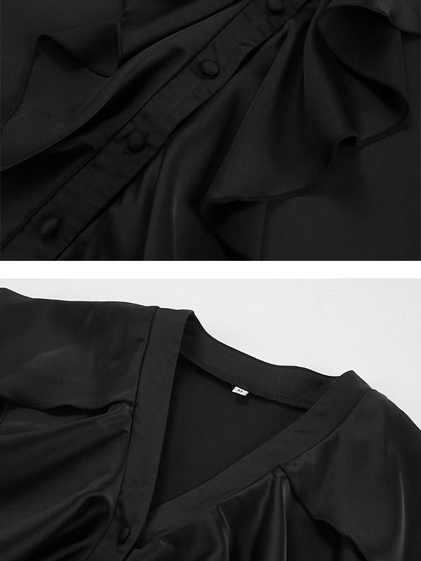 Loose Puff Sleeves Solid Color Split-Joint Tiered V-Neck Blouses&Shirts Tops Product Image