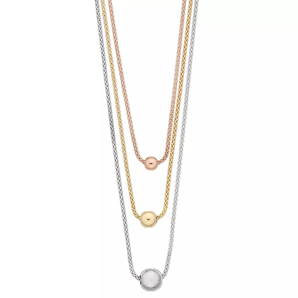 Tri-Tone Sterling Silver Multistrand 3-Bead Necklace, Women's, Size: 17" Product Image