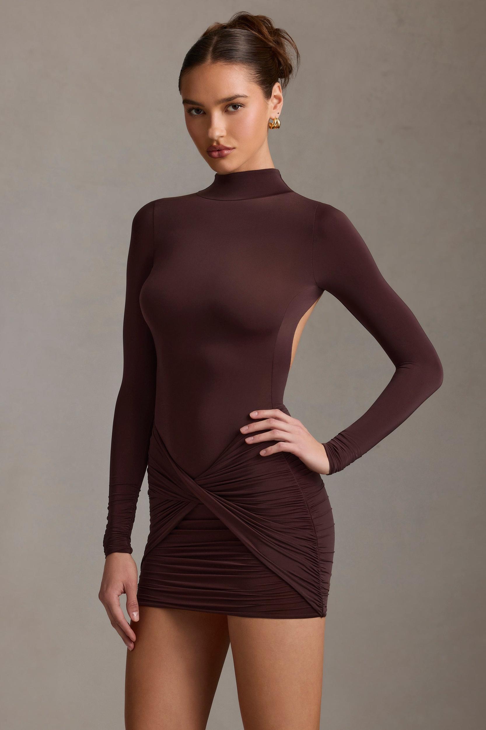 Ruched Backless Turtleneck Mini Dress in Chocolate Brown Product Image