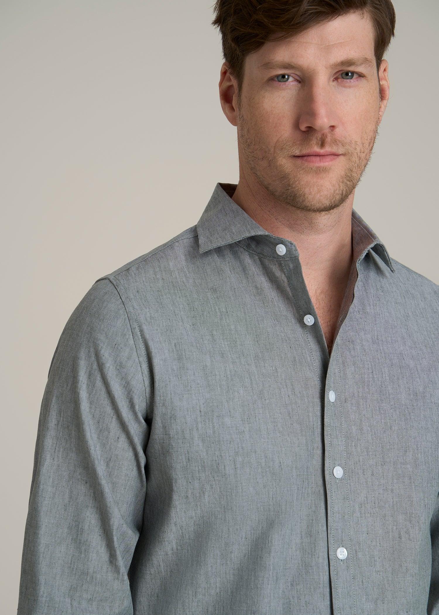 Stretch Linen Dress Shirt for Tall Men in Evergreen Mix Male Product Image