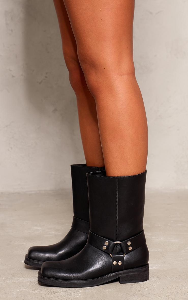 Black PU Square Toe Buckle Detail Ankle Boots Product Image