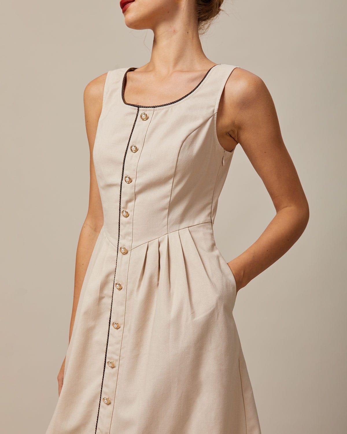 The Khaki Round Neck A-Line Midi Dress Product Image