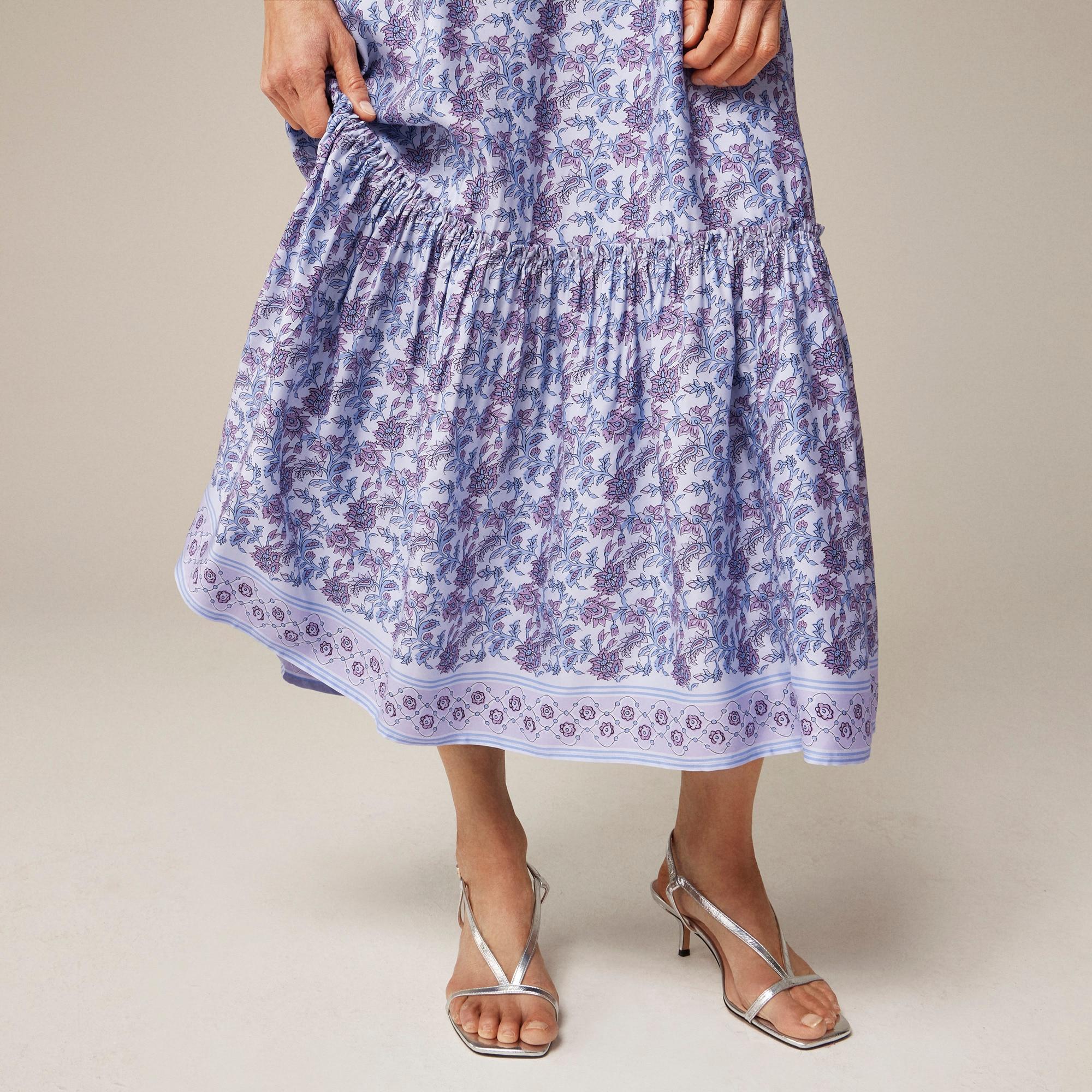 Tiered tie-waist dress in dusty periwinkle block print Product Image