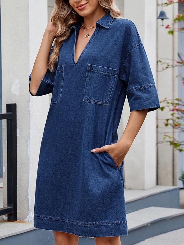A-line Loose Pockets Solid Color Lapel Mini Dresses Product Image