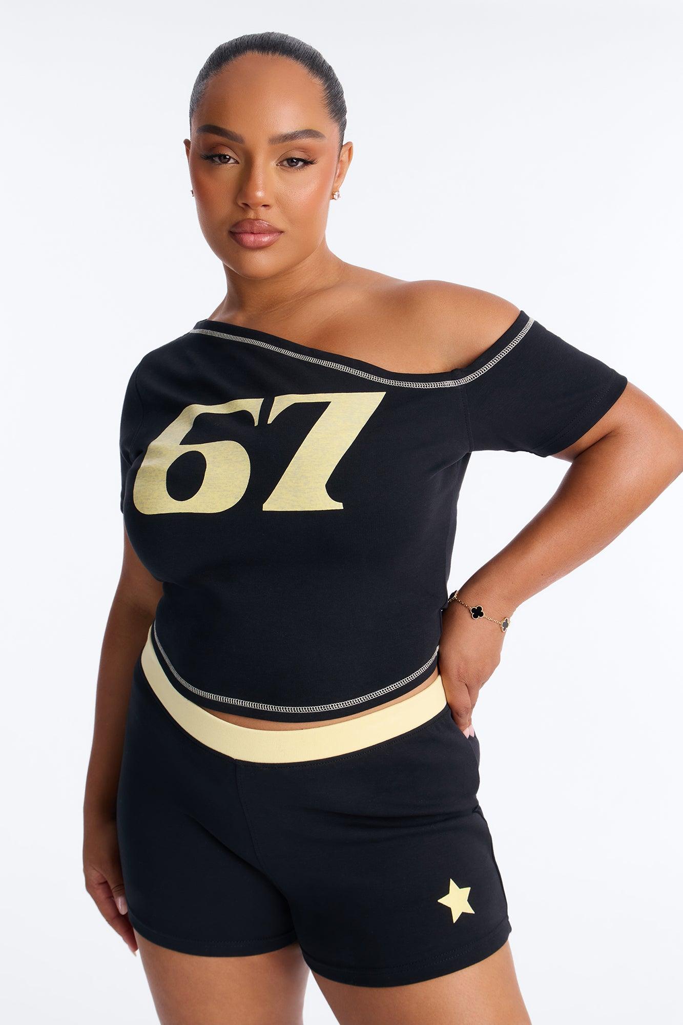 67' Crew Off Shoulder Short Set - Black/combo Female Product Image
