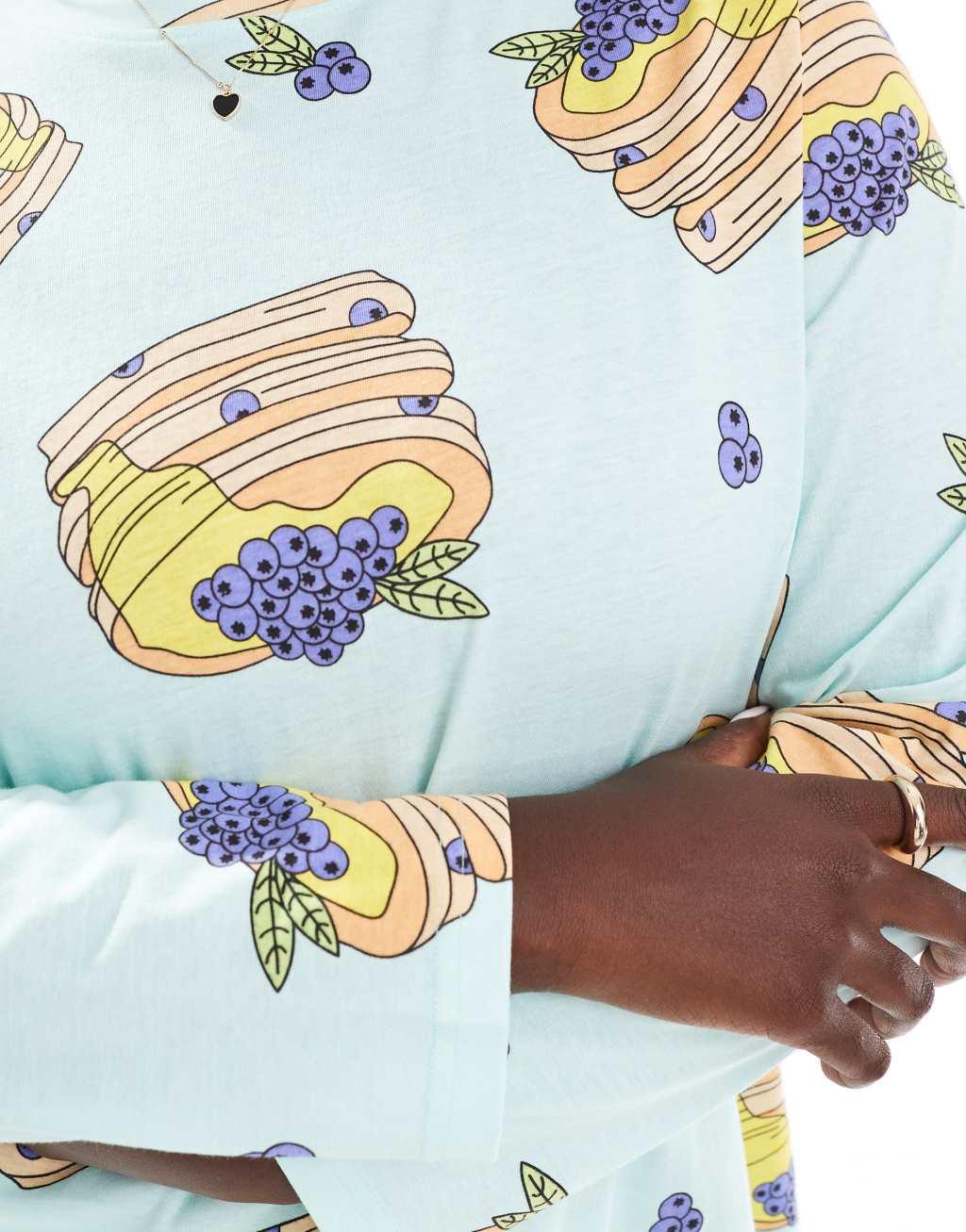 ASOS DESIGN Curve pancakes long sleeve top & pants pajama set in blue Product Image