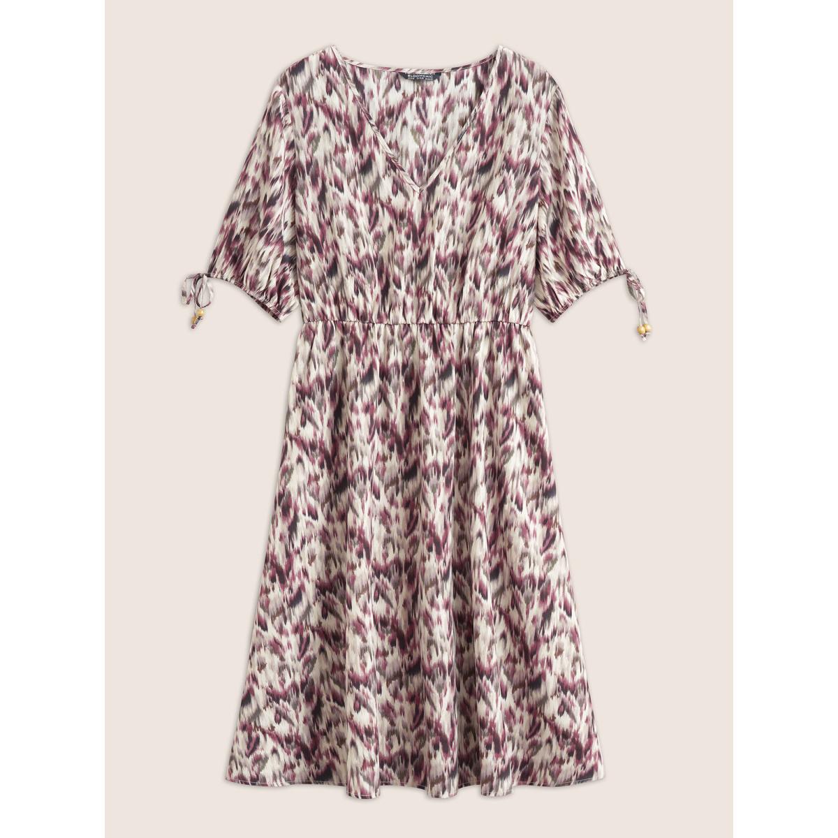 Plus Size Ombre Brush Print Ties Elastic Waist Dress RedViolet Women Elegant Non V-neck Half Sleeve Curvy Midi Dress BloomChic 10/M Product Image
