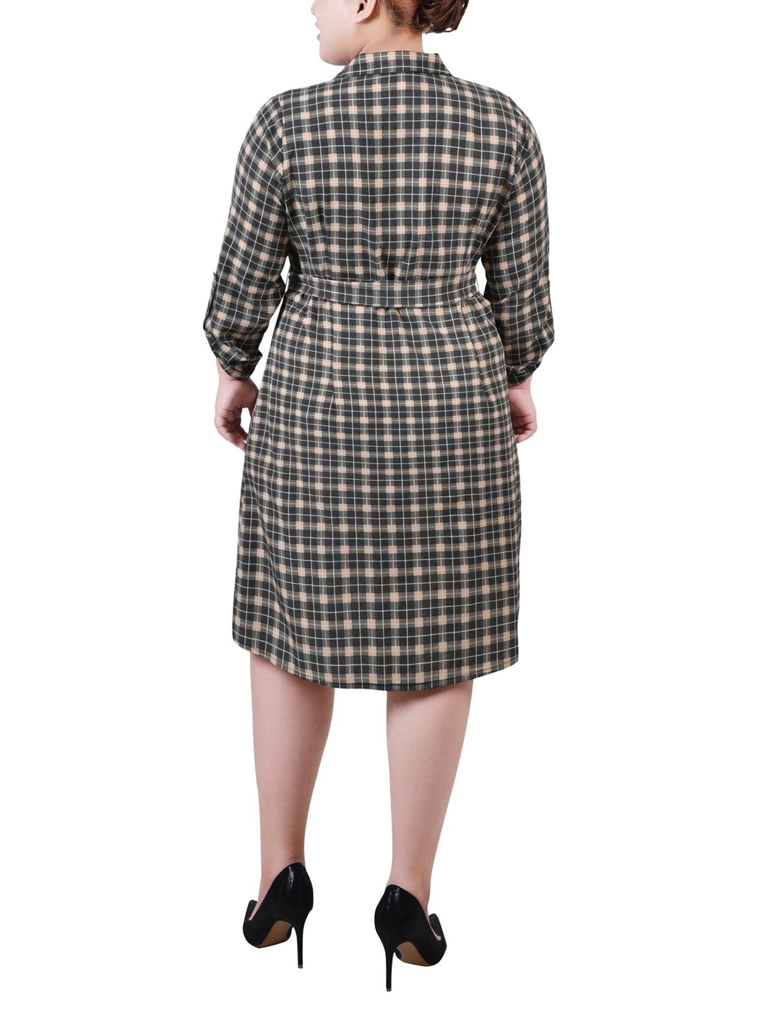 Beige Jet Benplaid 3/4 Roll Tab Sleeve Belted Shirtdress - Plus Product Image