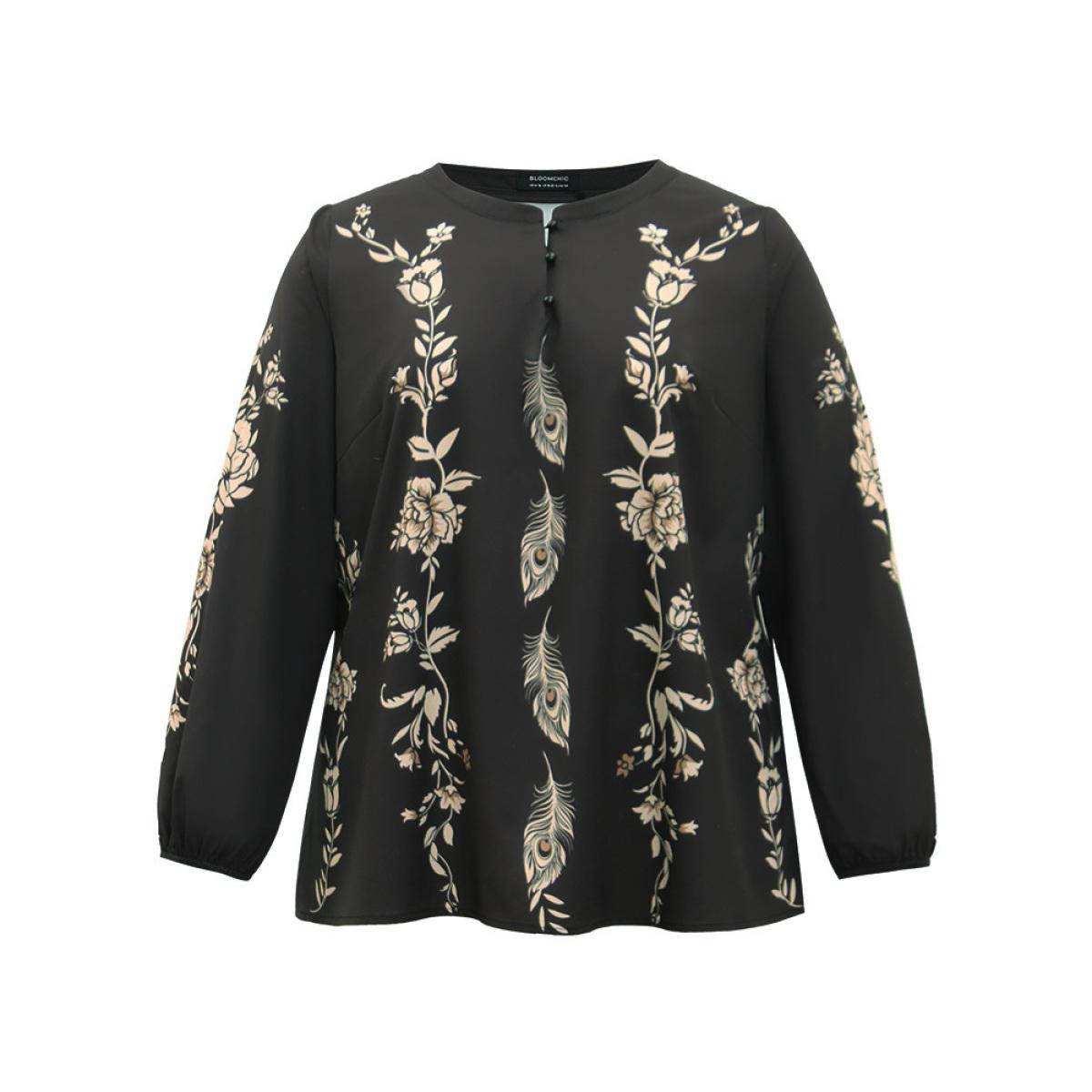 Plus Size Black Floral Print Button Up Lantern Sleeve Blouse Women Elegant Long Sleeve Round Neck Dailywear Blouses BloomChic 12/L Product Image