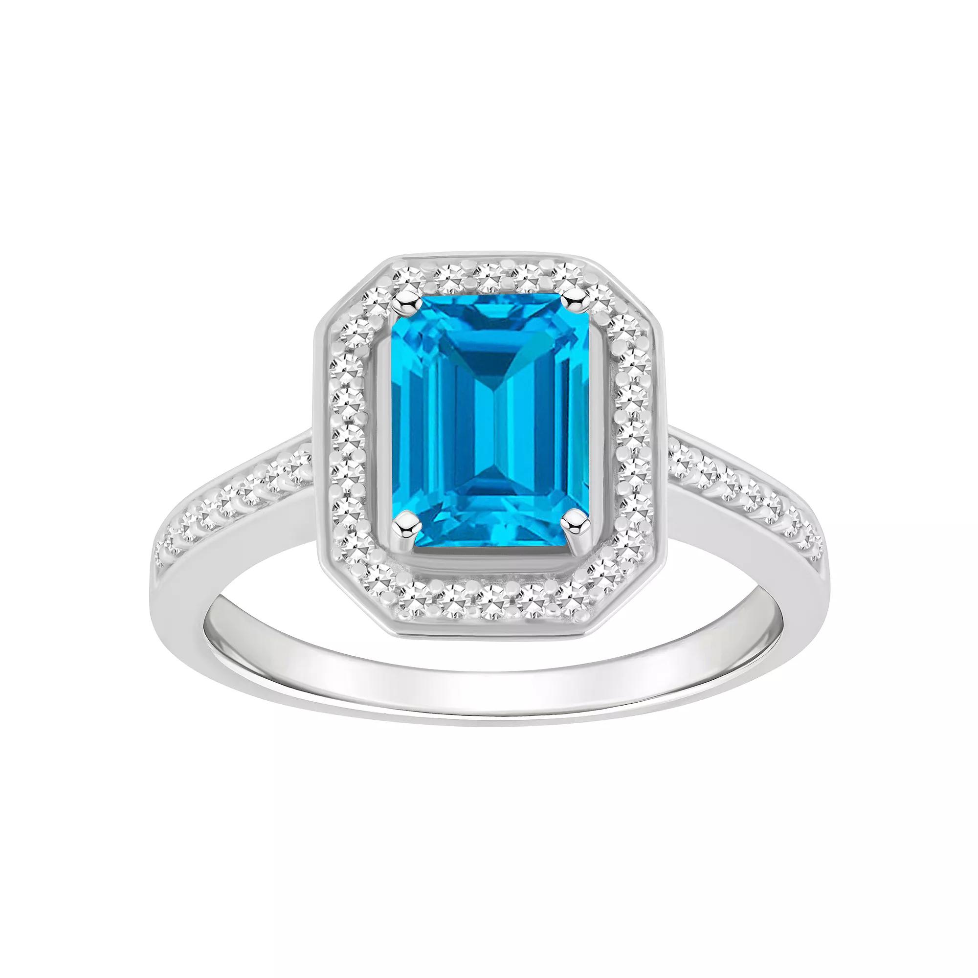 Celebration Gems Sterling Silver 8 mm x 6 mm Emerald Cut Gemstone & 1/5 Carat T.W. Diamond Halo Ring, Women's, Blue Topaz Product Image