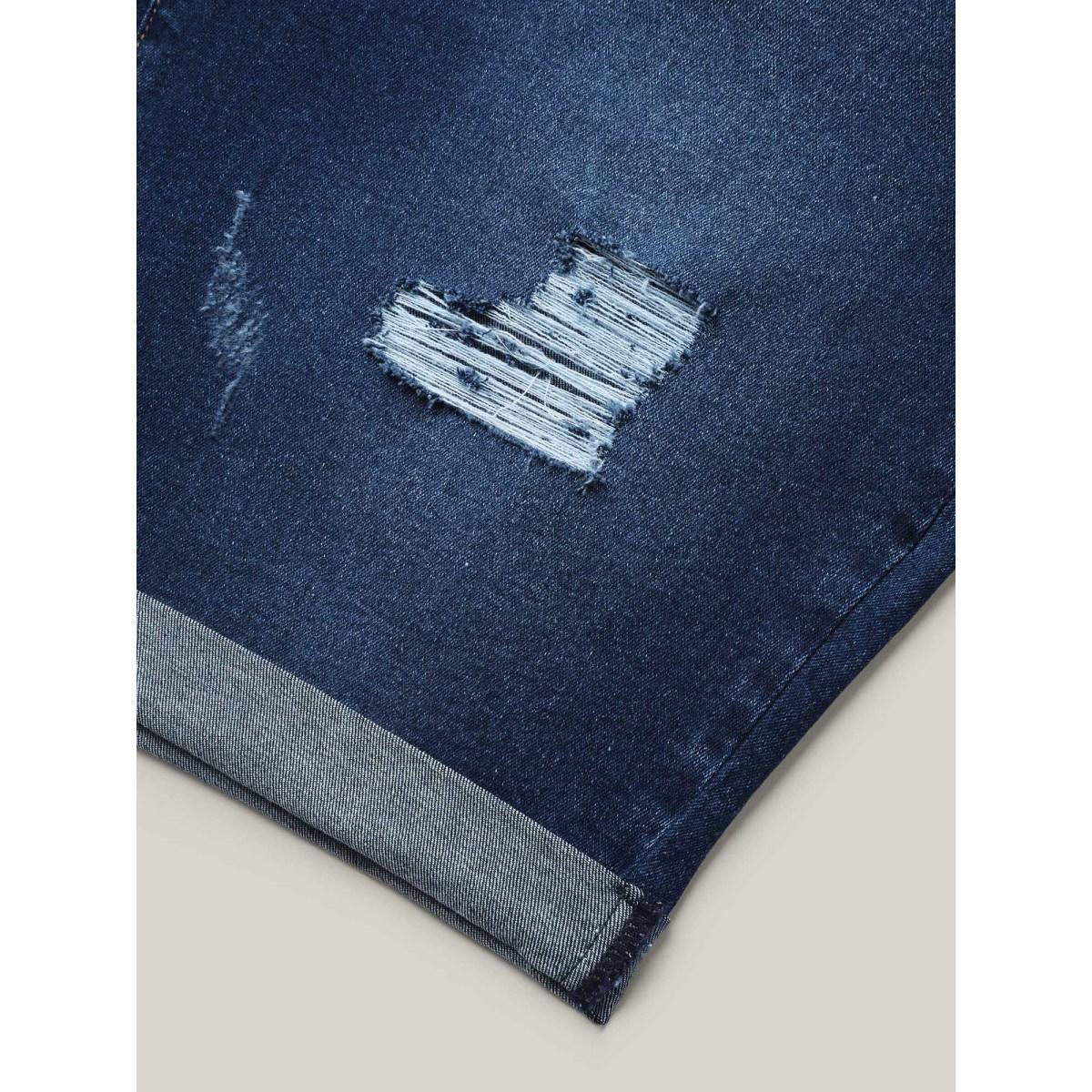 Plus Size Ripped Straight-Leg Denim Shorts Women Denimindigo High stretch Casual Slanted pocket Leisure Denim Shorts BloomChic 22/3X Product Image