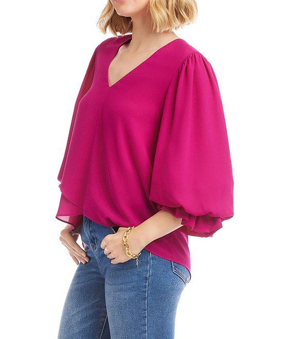 Karen Kane V-Neck 3/4 Lantern Sleeve Asymmetric Top Product Image