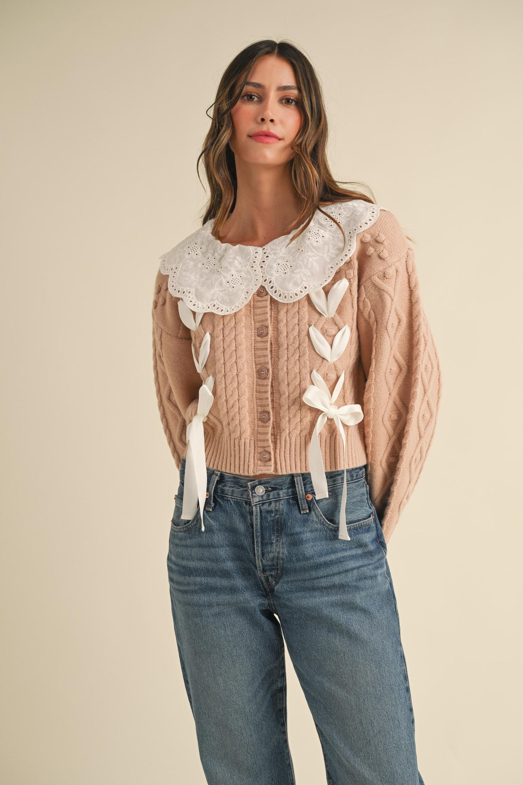 Lovely Collar Cable Knit Cardigan Product Image