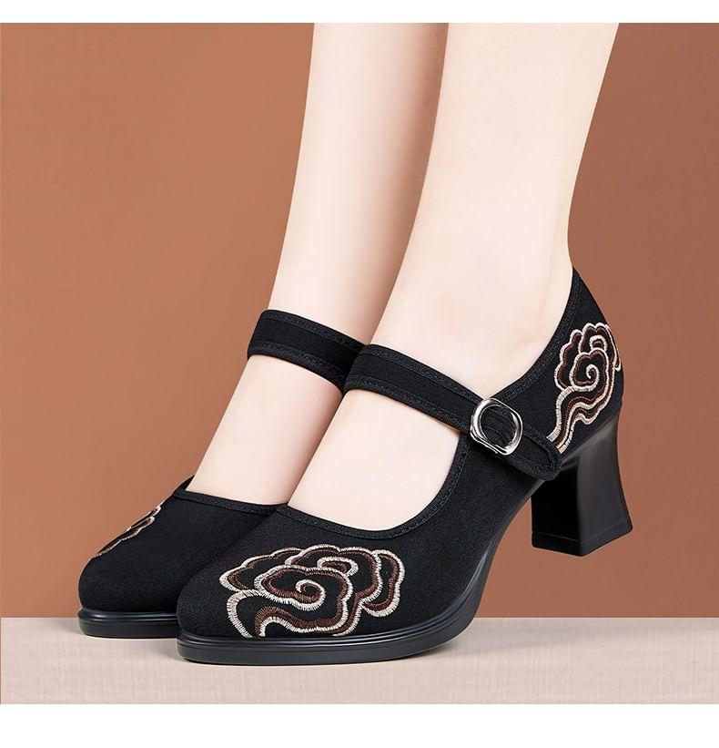 Platform Embroidered Mary Jane Pumps Product Image