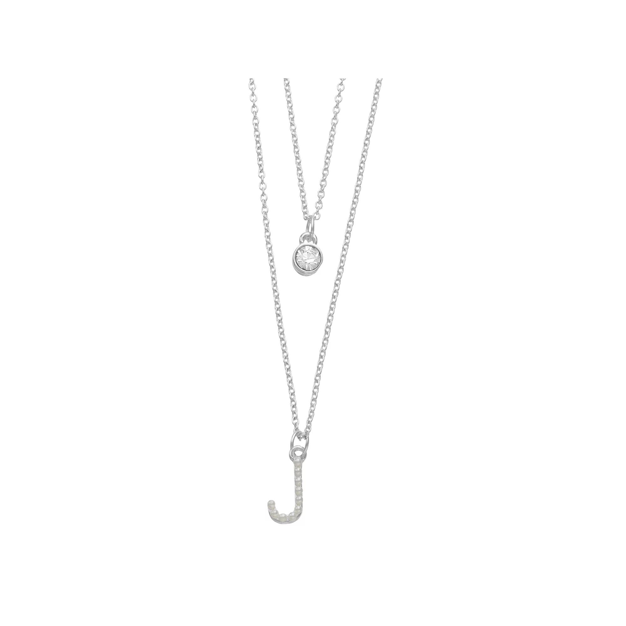 City Luxe Fine Silver Plated Cubic Zirconia & Simulated Pearl Initial Duo Necklace Set, Women's, Silver Tone J Product Image
