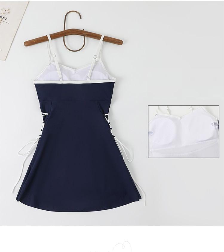 Set: Spaghetti Strap Lettering Contrast Trim Lace-Up Swim Dress + Long-Sleeve Plain Crop Cover Up Product Image