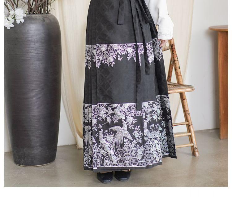 Long-Sleeve Embroidered Hanfu Top / High Waist Phoenix Patterned Pleated Maxi A-Line Skirt Product Image