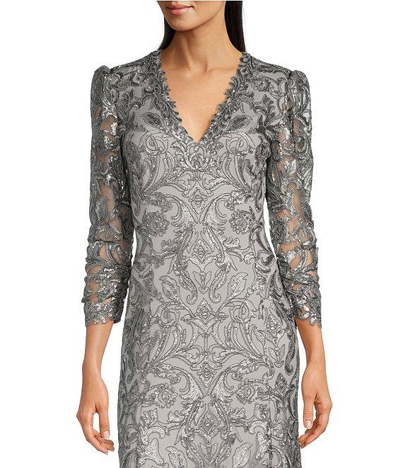 Tadashi Shoji Metallic Sequin Lace V-Neck 3/4 Sleeve Asymmetrical Hem Handkerchief Gown Product Image