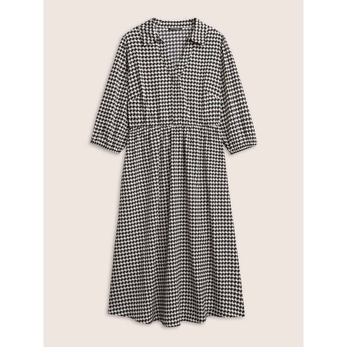 Plus Size Geometric Colorblock Lapel Collar Elastic Waist Dress Black Women At the Office Non Lapel Collar Elbow-length sleeve Curvy Midi Dress BloomChic 14-16/1X Product Image