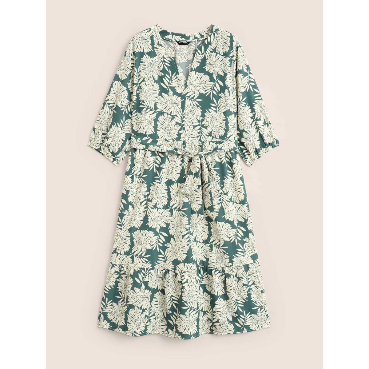Plus Size Tropical Print Belted Gathered Lantern Sleeve Dress Teal Women Resort Gathered Flat collar with V-notch Elbow-length sleeve Curvy BloomChic 14-16/1X Product Image