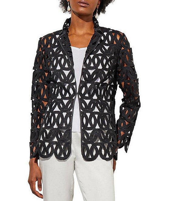 Ming Wang Novelty Woven Geo Circle Cutout Lapel Collar Long Sleeve Jacket Product Image