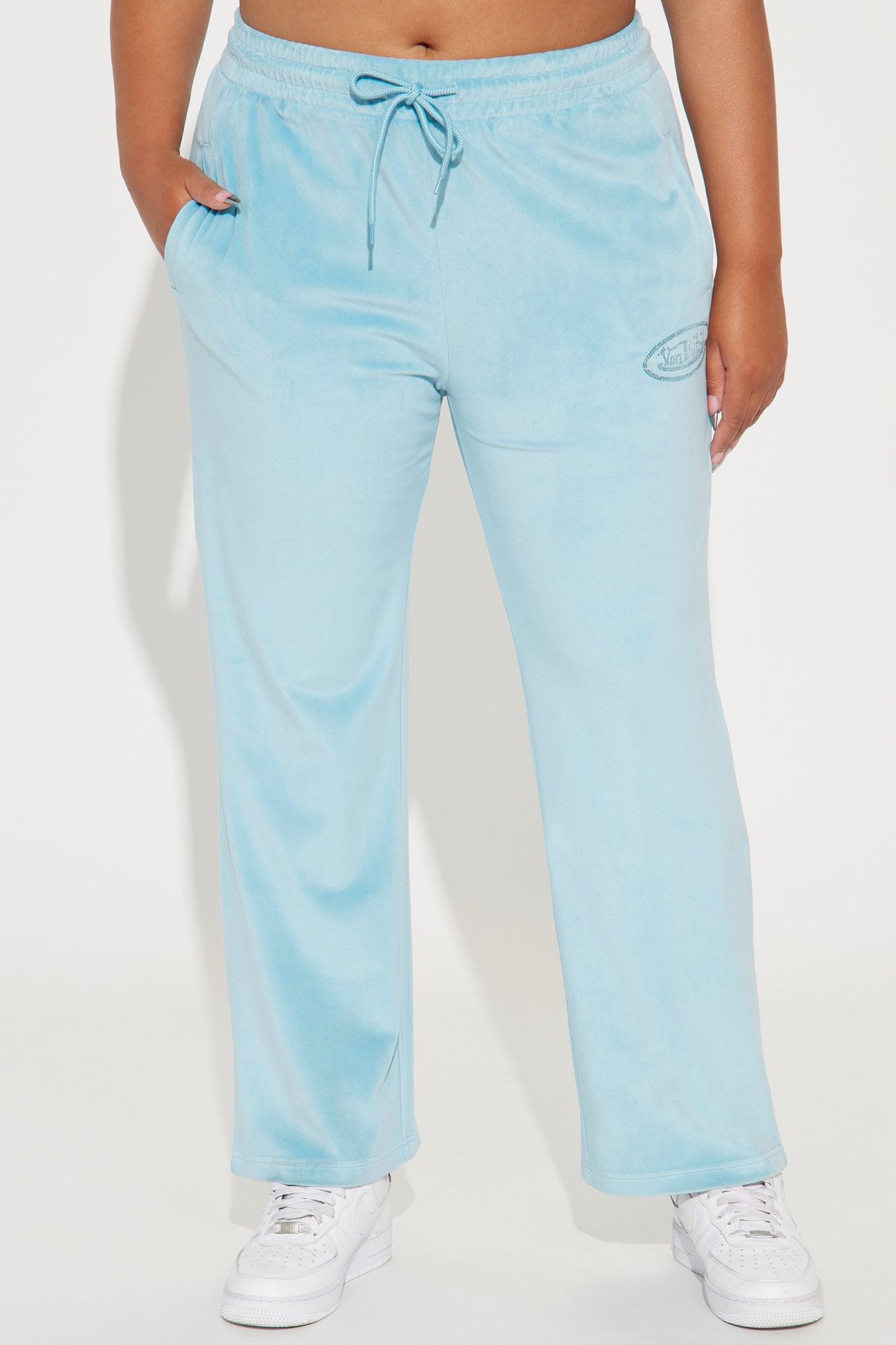 Von Dutch Velour Rhinestone Wide Leg Pant - Blue Product Image