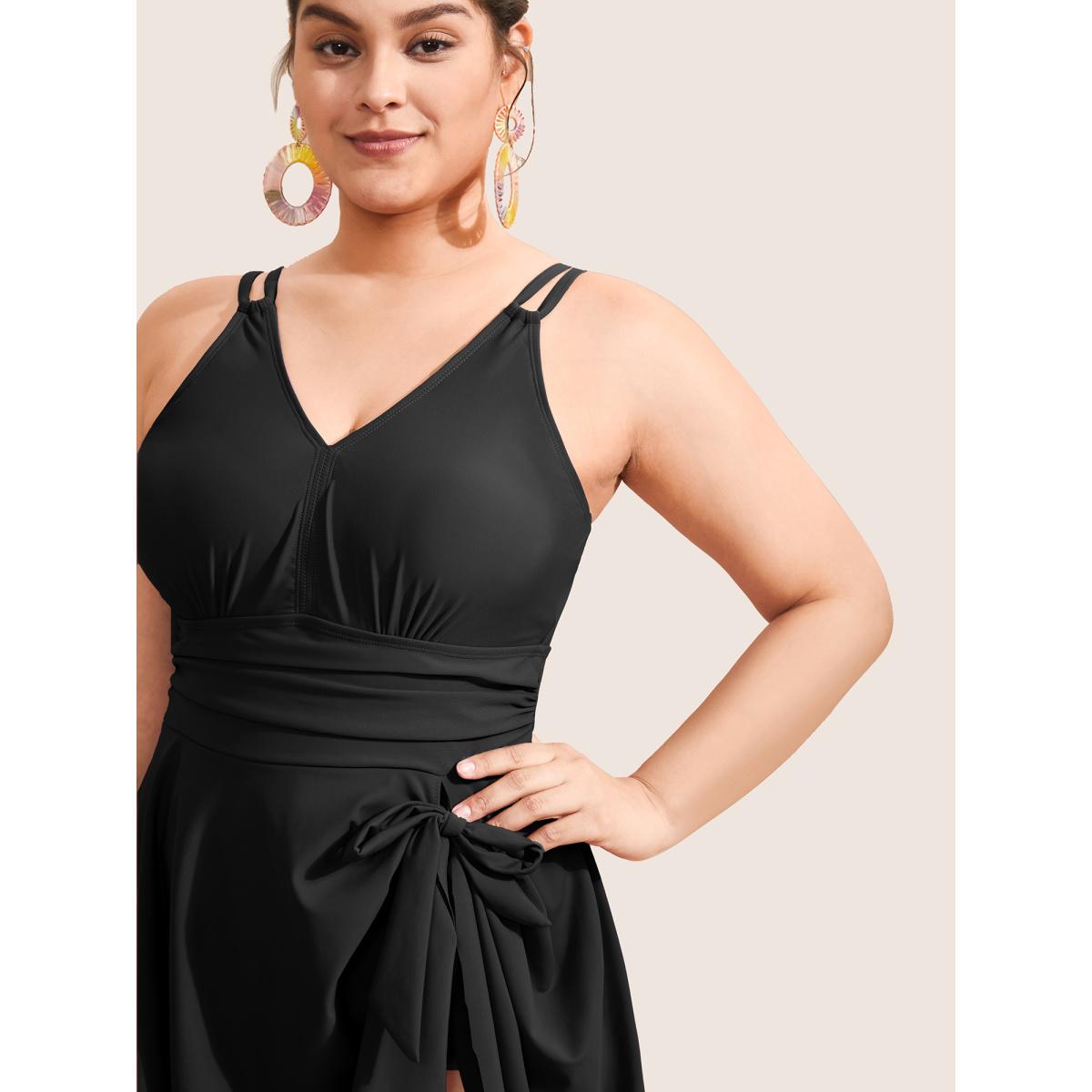 Plus Size Plain Gathered Knot Adjustable Straps Swim Dress Women's Swimwear Black Beach Bodycon V-neck High stretch Curve Swim Dresses BloomChic 12/L Product Image