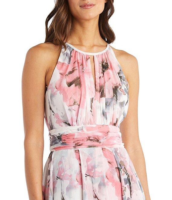 R & M Richards Halter Keyhole Neck Sleeveless Ruched Waist Floral Print Chiffon Gown Product Image