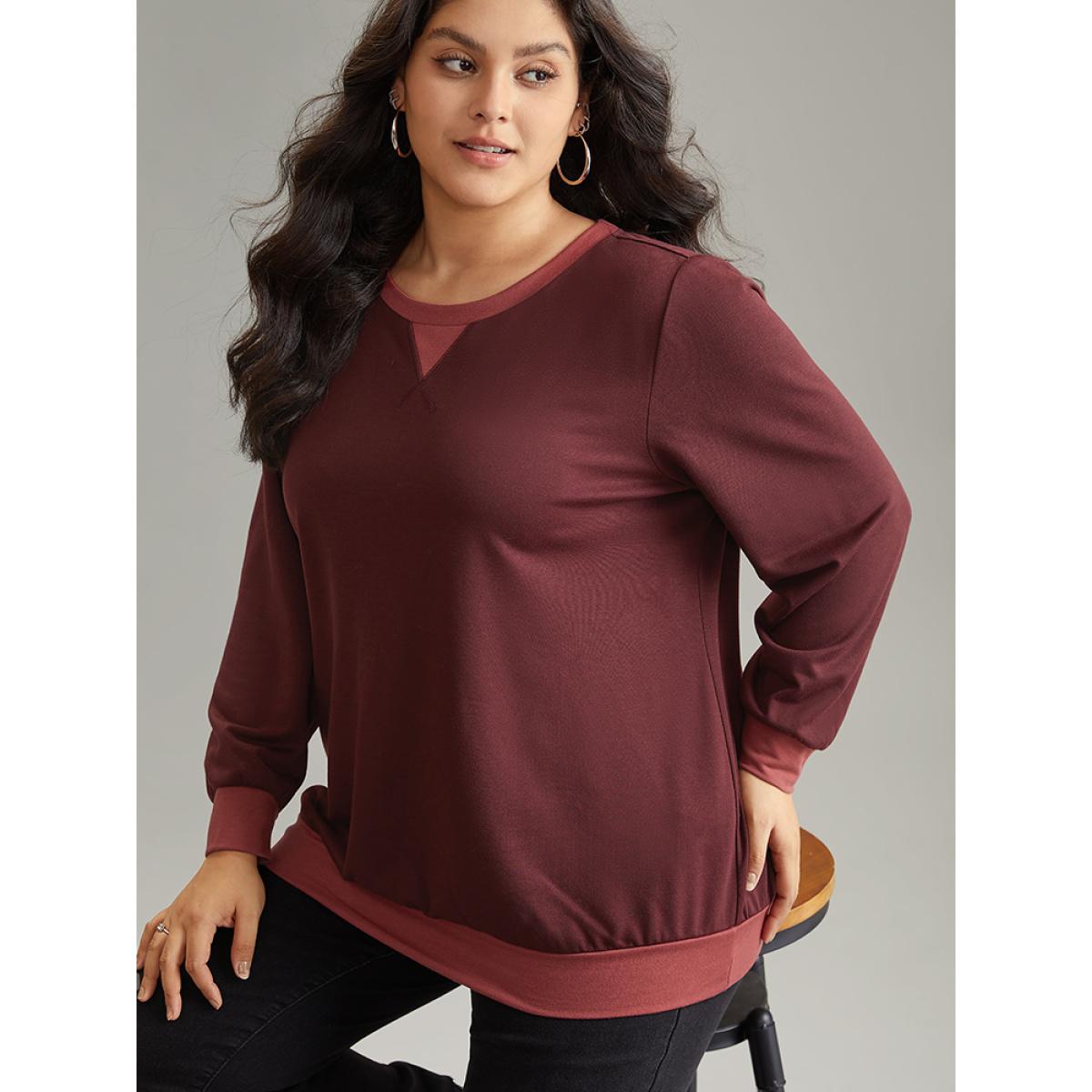 Plus Size Contrast Patchwork Stitch Detail Elastic Cuffs Sweatshirt Women Maroon Casual Plain Round Neck Dailywear Sweatshirts BloomChic 10/M Product Image
