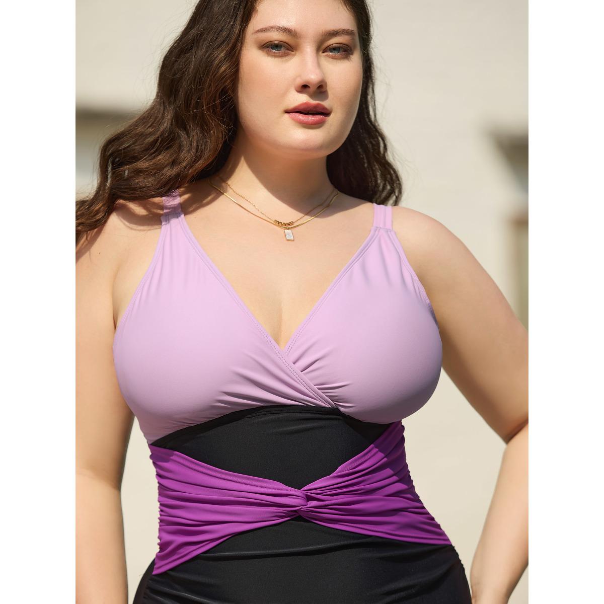 Plus Size Color Block Ruched One-Piece Swimsuit Women's Swimwear Lilac Beach Twist Curve Bathing Suits High stretch One Pieces BloomChic 26/4X Product Image