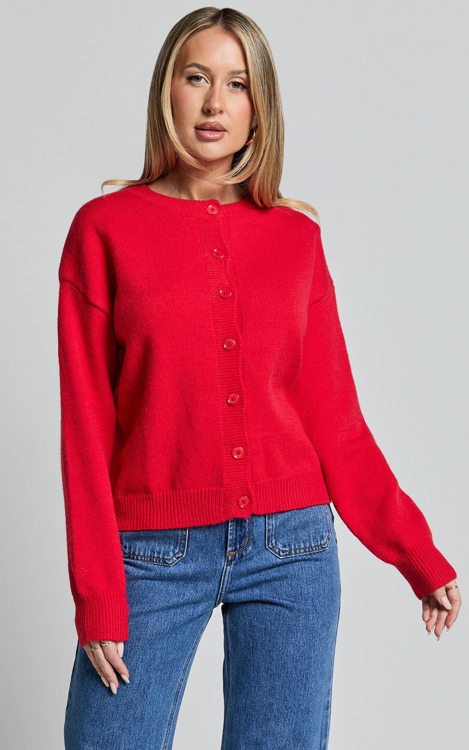 Lucille Cardigan - Button Through Scoop Neck Knit Cardigan in Red Product Image
