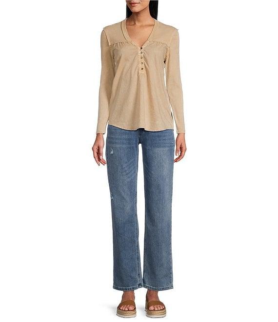 Reba Woven Voile Knit Rib Henley V-Neck Long Sleeve Trapeze Top Product Image