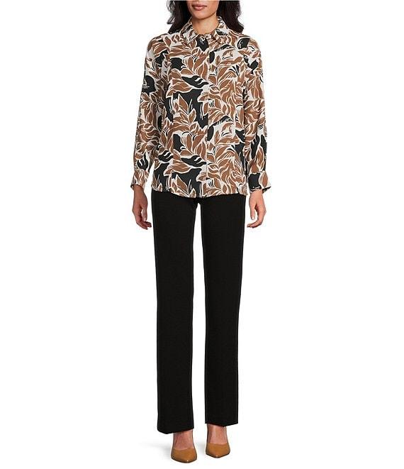 Investments Abstract Leaves Print Dolman Long Sleeve Button Front Point Collar Blouse Product Image