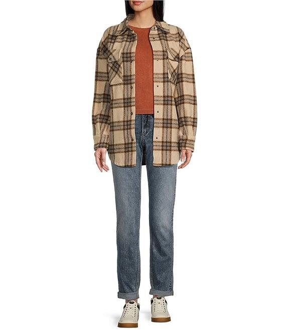 Fornia Long Sleeve Oversized Boyfriend Plaid Shacket Jacket Product Image