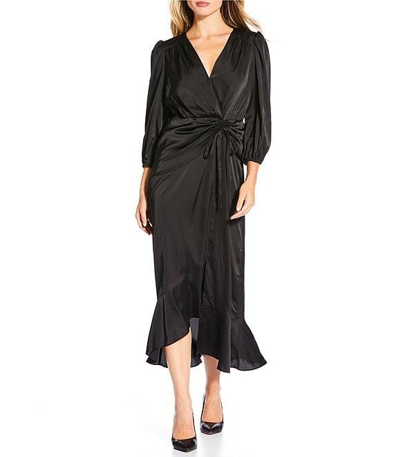 Donna Morgan Charmeuse High Low Hem 3/4 Puff Sleeve Tiered Wrap Midi Dress Product Image