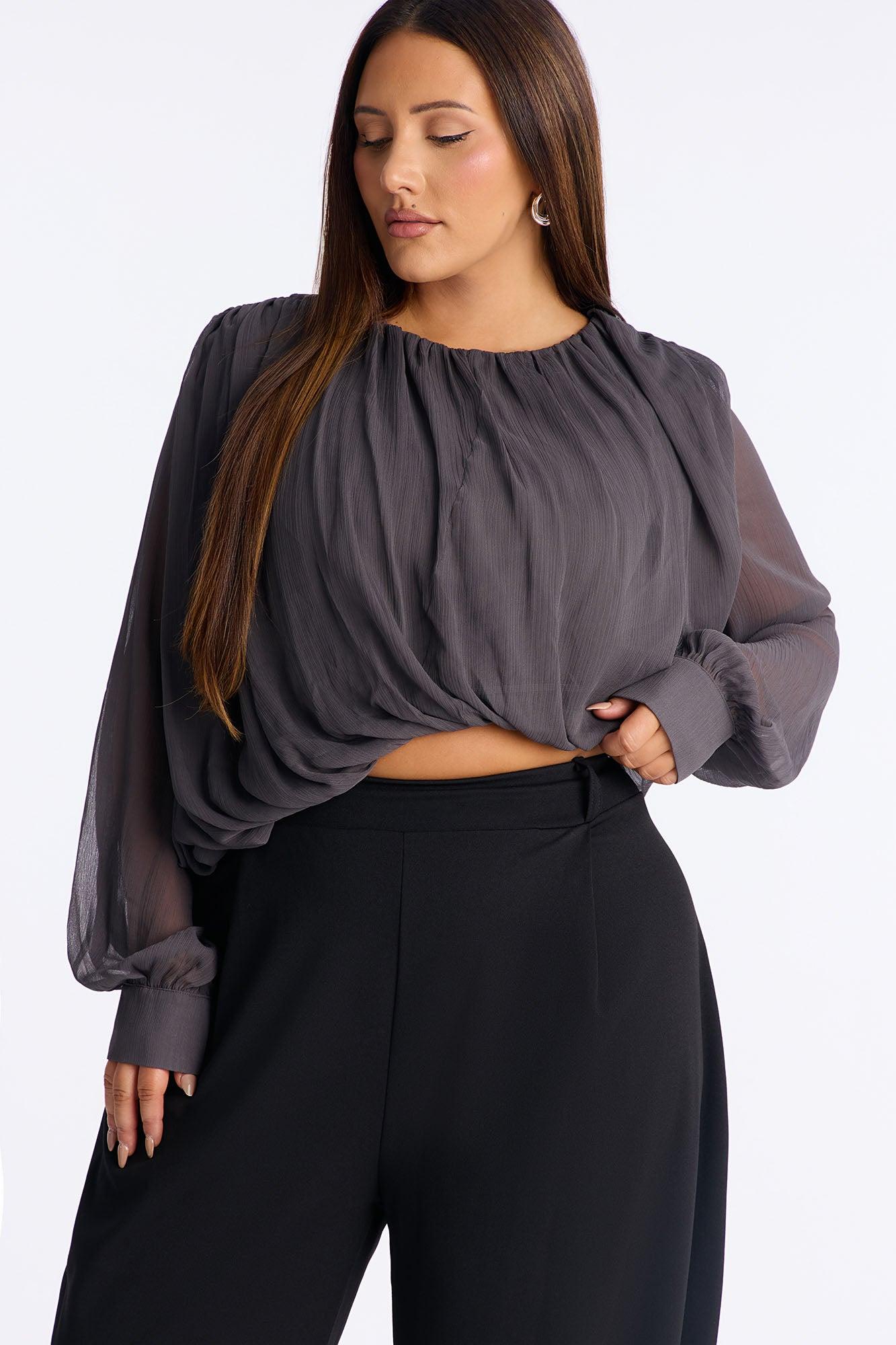 Anyah Asymmetrical Ruched Chiffon Top - Charcoal Female Product Image