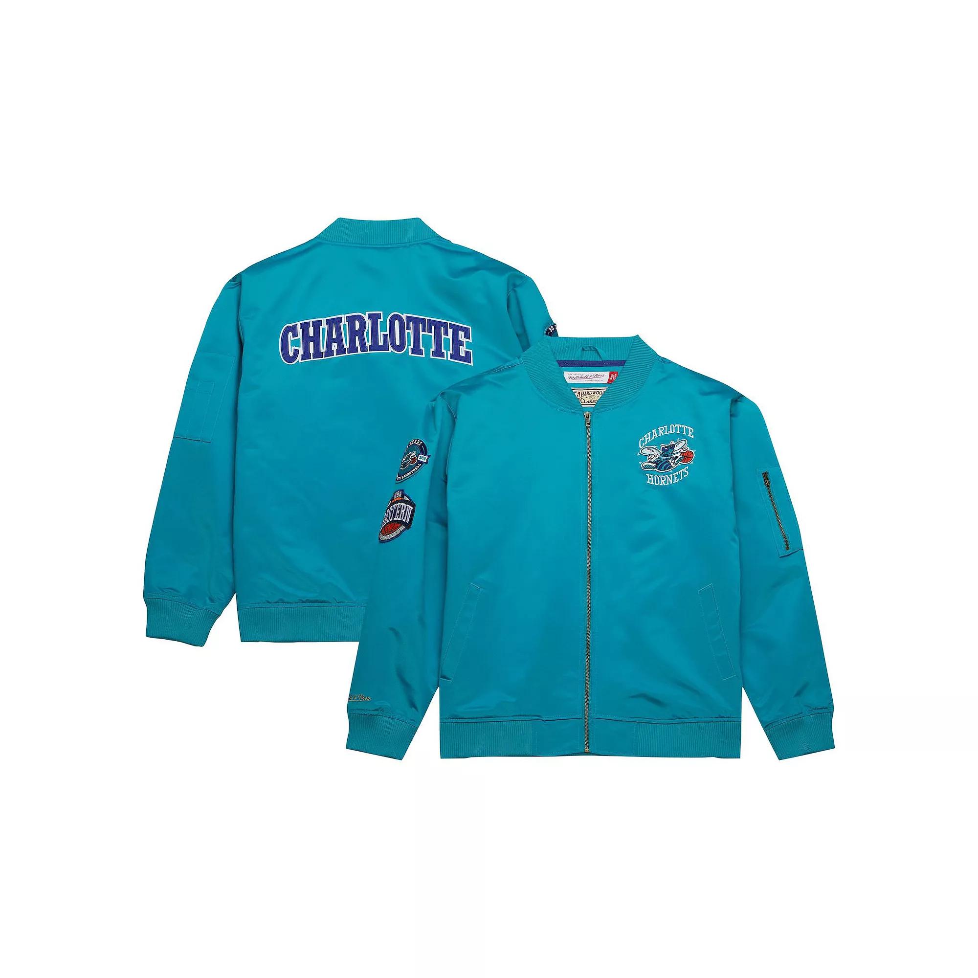 Men's Mitchell & Ness Teal Charlotte Hornets Hardwood Classics Vintage Logo Full-Zip Bomber Jacket, Size: Large, Chr Blue Product Image