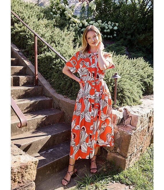 CROSBY by Mollie Burch Kellogg Bolga Fan Print Crepe Twill Banded Collar Button Front Belted A-Line Shirt Midi Dress Product Image