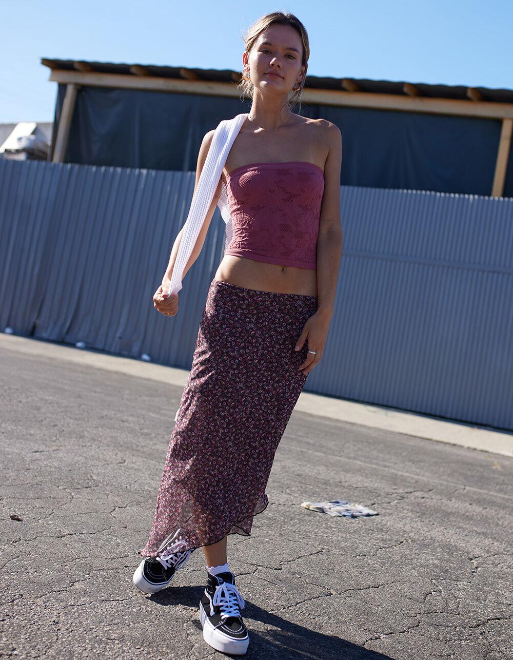 RSQ Womens Low Rise Asymmetrical Mesh Midi Skirt - BURGUNDY COMBO Product Image