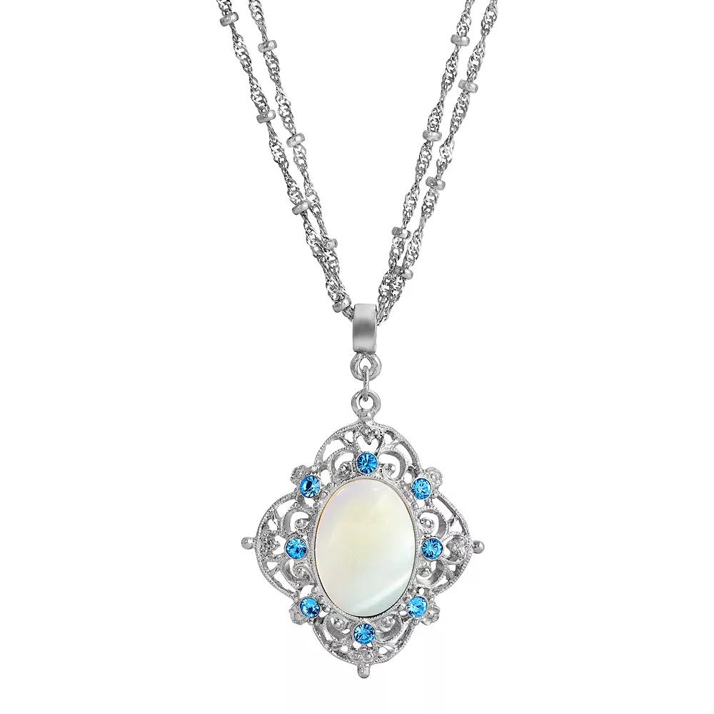 1928 Silver Tone Aqua and Simulated Oval Pearl Necklace, Womens, White Product Image