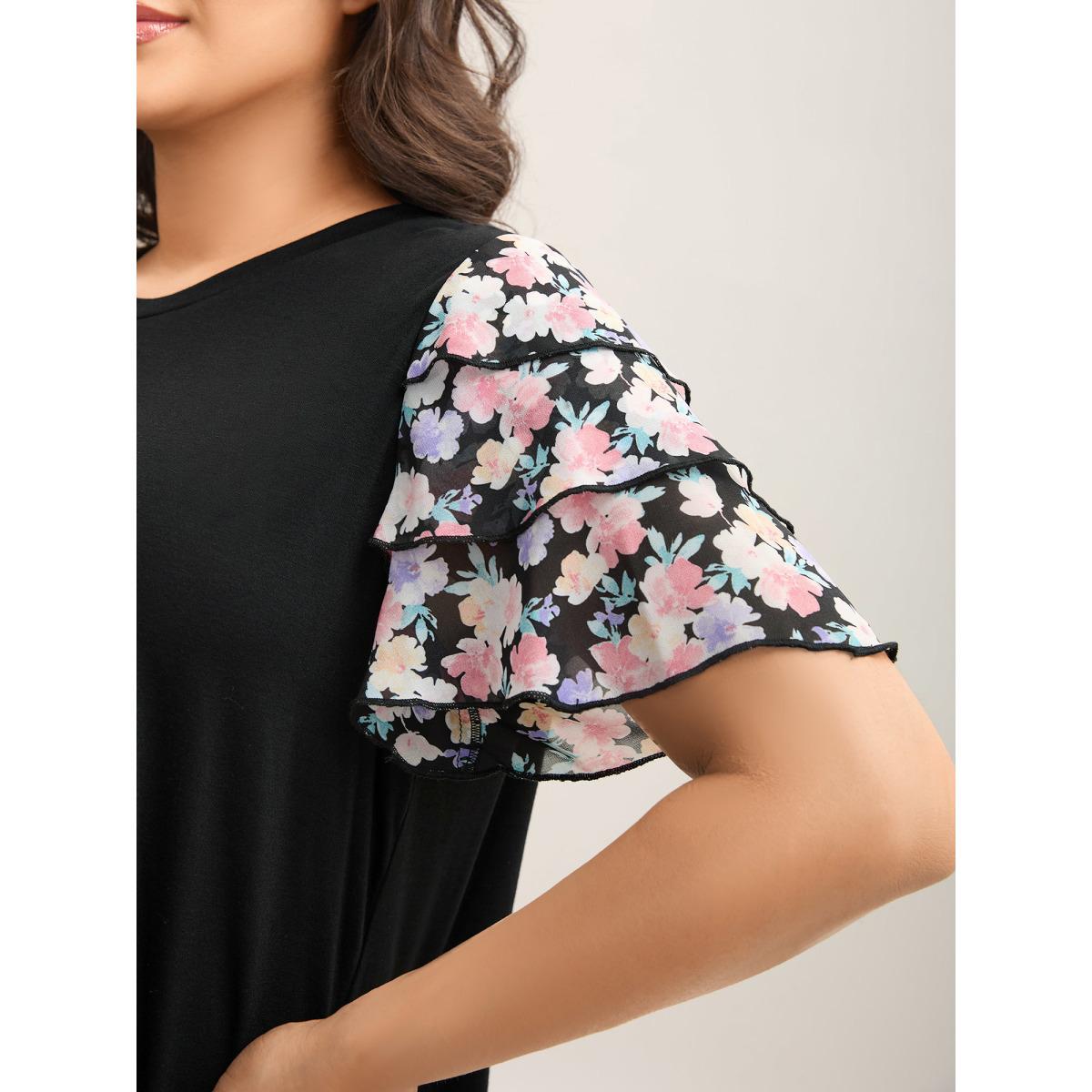 Plus Size Floral Layered Sleeve Spliced Plain T-Shirt Black Women Contrast Round Neck Everyday-Casual T-shirts BloomChic 18-20/2X Product Image