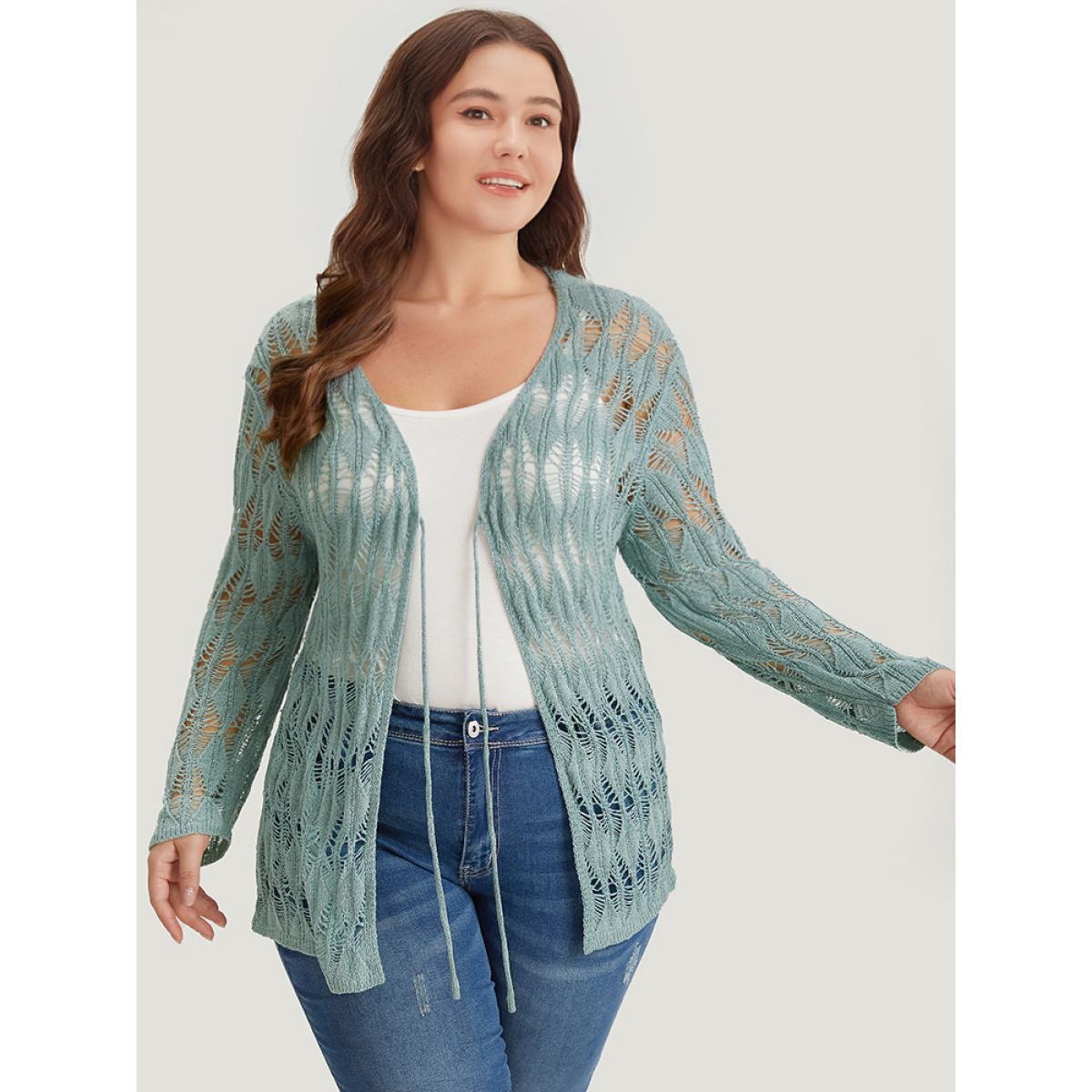 Plus Size Solid Tie Front Hollow Out Cardigan Stone Women Casual Loose Long Sleeve Everyday Cardigans BloomChic 12/L Product Image