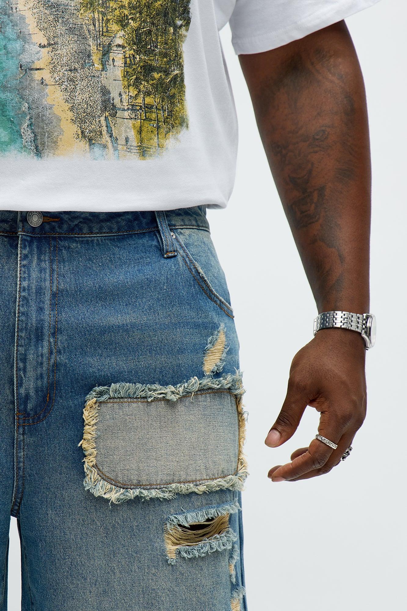 Relaxed Patches With Fray Distressed Denim Shorts - Vintage Blue Wash Male Product Image