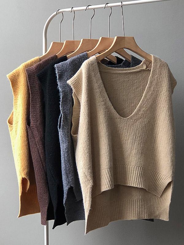 Knitting Irregularity Solid V-Neck Vest Product Image