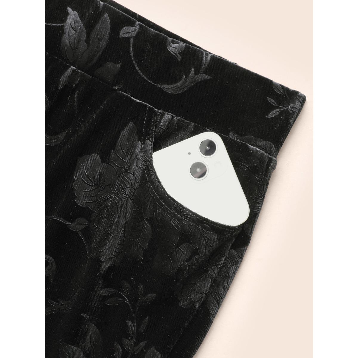 Plus Size Velvet Floral Mid Rise Bootcut Leggings Women Black Elegant Medium stretch Bootcut Mid Rise Everyday Leggings BloomChic 14-16/1X Product Image